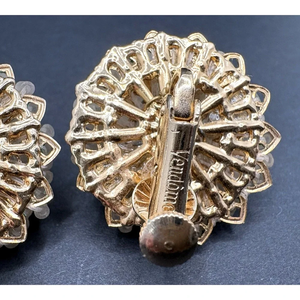 Vintage Vendome White‎ Cluster Beaded Floral Clip On Earrings Gold Tone MCM